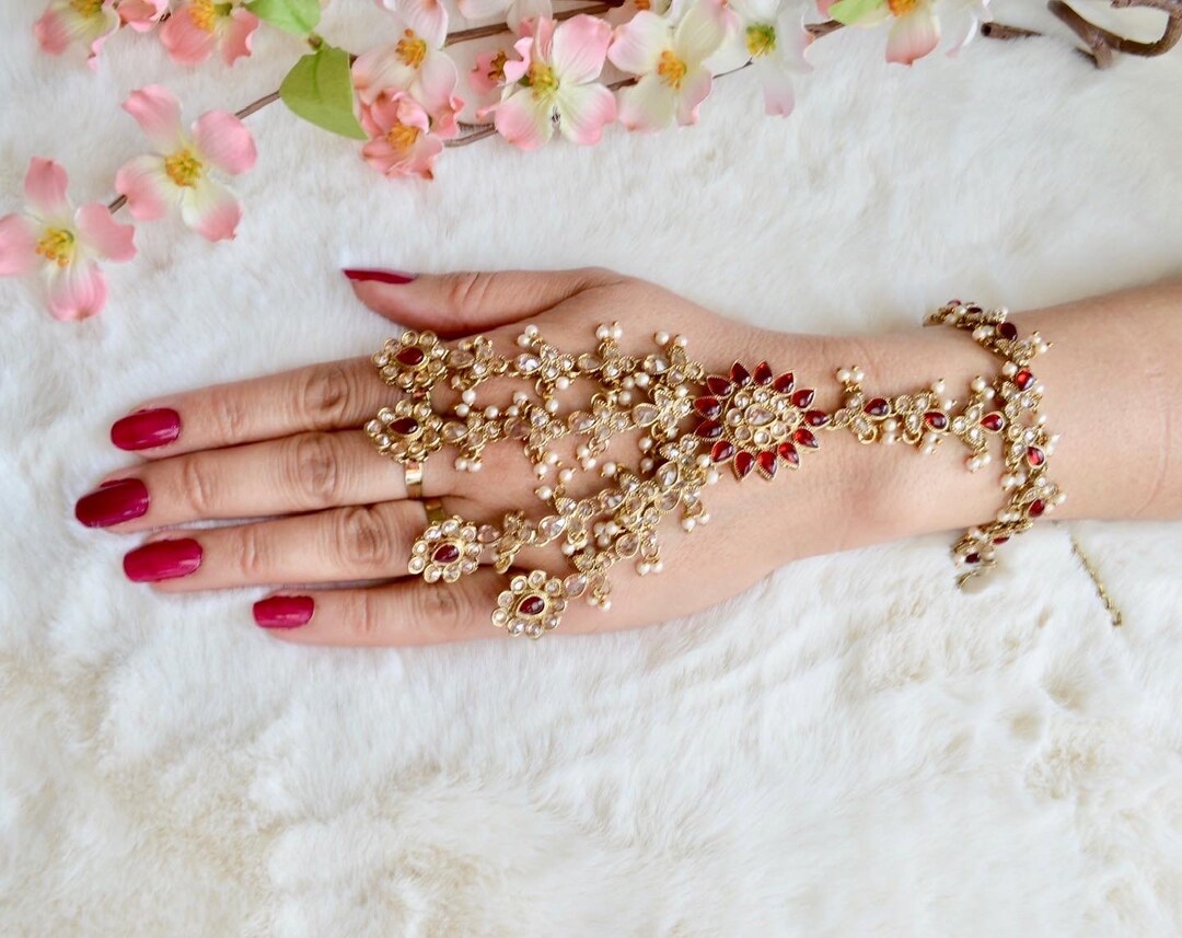 Antique Gold Plated Ruby Haath Phool Hand Piece Bracelet Indian ...