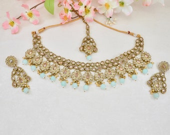 Gold Plated Necklace set , Polki Reverse AD necklace set with Tikka , Indian jewellery , Pakistani Jewellery