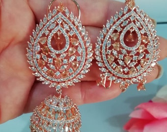 Jhumka Tika Set , Jhumka plaqué or rose , Boucles d’oreilles en diamant américain avec Tika , Bijoux indiens