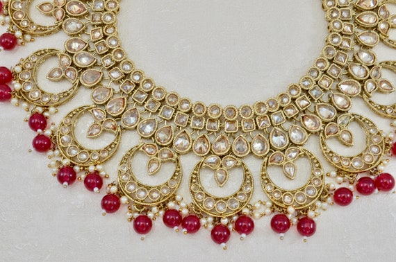 Maroon Polki Necklace Set Tikka Indian Bridal Necklace Set With