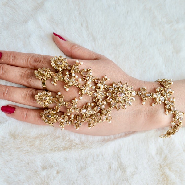 Gold Polki Haath Phool  Four Fingers Ring haathphool  Bracelet   Indian  Bridal jewellery