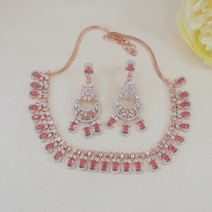 Rose Gold with Pink Necklace set , American Diamond CZ Necklace set , Indian Jewelry set