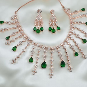 Emerald Green Set  Rose Gold Plated Necklace set  American Diamond   Jewellery set  Jewelry Set