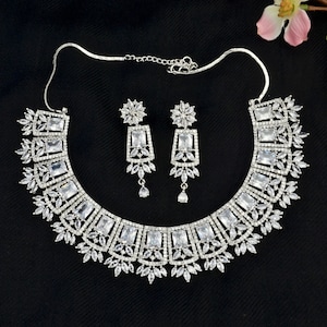 Silber American Diamond Halsketten Set | Silber Schmuckset