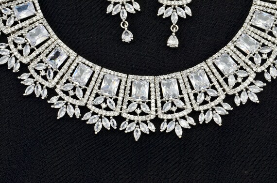 Silver American Diamond Necklace Set Silver Jewellery Set Etsy