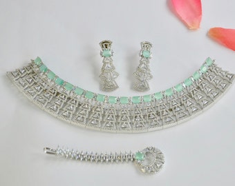 Mint Green Silver American Diamond CZ Choker Necklace set with Tika | Jewelry set | Indian Jewellery | Wedding Jewellery Set