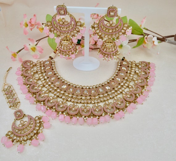 Gold With Pink Choker Necklace Set Bridal Necklace Set Polki