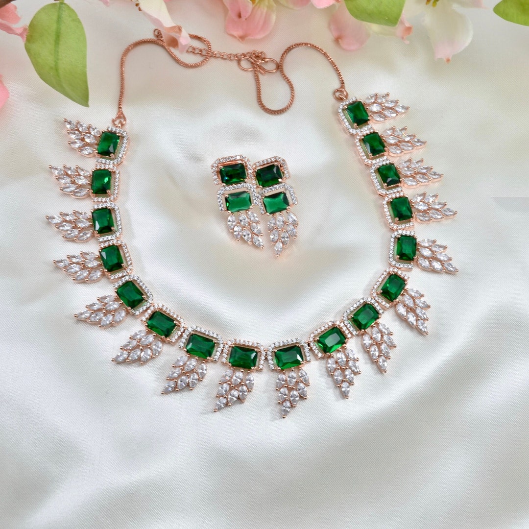 Emerald Cascade American Diamond Gold Plated Necklace Set