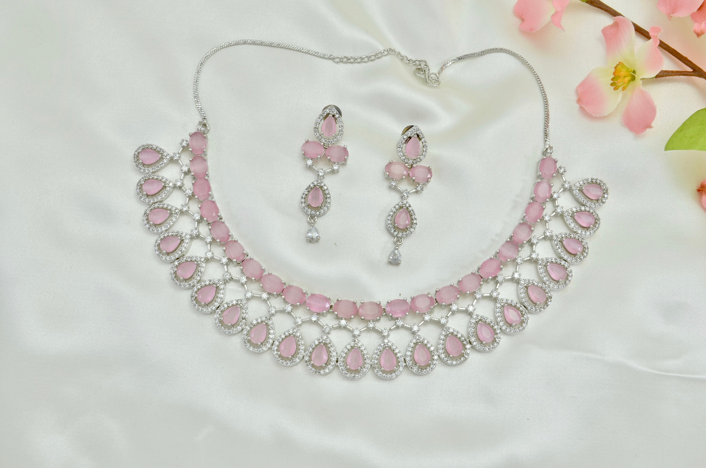 Gold Pink Floral Necklace Jewellery Set – Estele