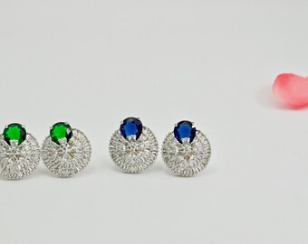 Boucles d’oreilles Silver Emerald Green Studs | Boucles d’oreilles bleu saphir | Goujons CZ