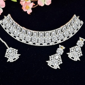 Silver CZ Choker Set  American Diamond Choker Necklace set  Indian jewellery