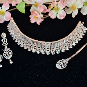 Choker Necklace set with Tikka  Rose gold American Diamond Necklace set  Indian Jewellery set  Bridal Necklace set