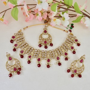 Polki Necklace set with Tikka  Ruby Reverse AD Necklace set  Indian jewelry  Pakistani jewellery