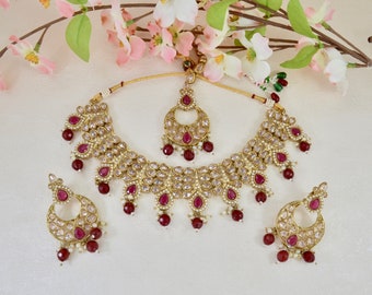 Polki Necklace set with Tikka  Ruby Reverse AD Necklace set  Indian jewelry  Pakistani jewellery