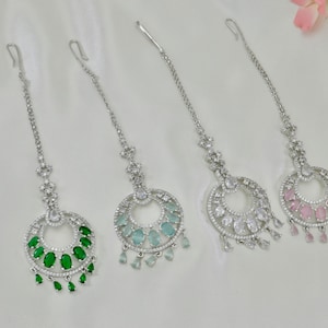 Silver Maang tikKa | American Diamond Tikka | Silver Pink Tikka