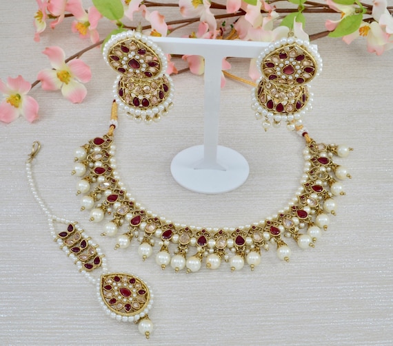 Jhumka Necklace Set With Tikka Polki and Pearls Necklace Set - Etsy