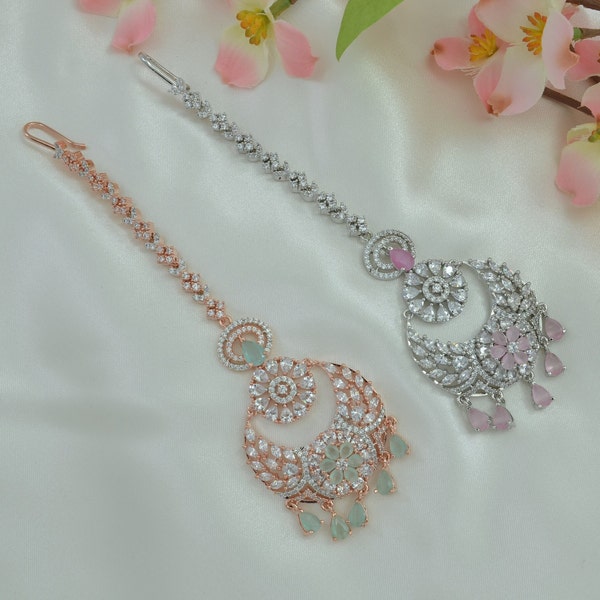 Rose Gold Mint green Tikka  Rose gold American Diamond Maang Tika