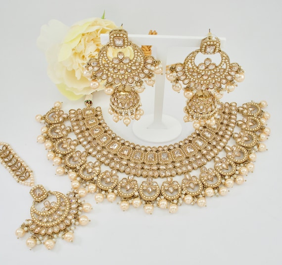 Gold  Polki Necklace set , Reverse AD Necklace set , Bridal Necklace set , Indian Jewellery set , Pakistani Bridal Set