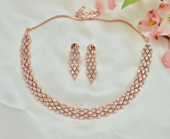 Necklace With Earrings Rose Gold Set American Diamond CZ Necklace