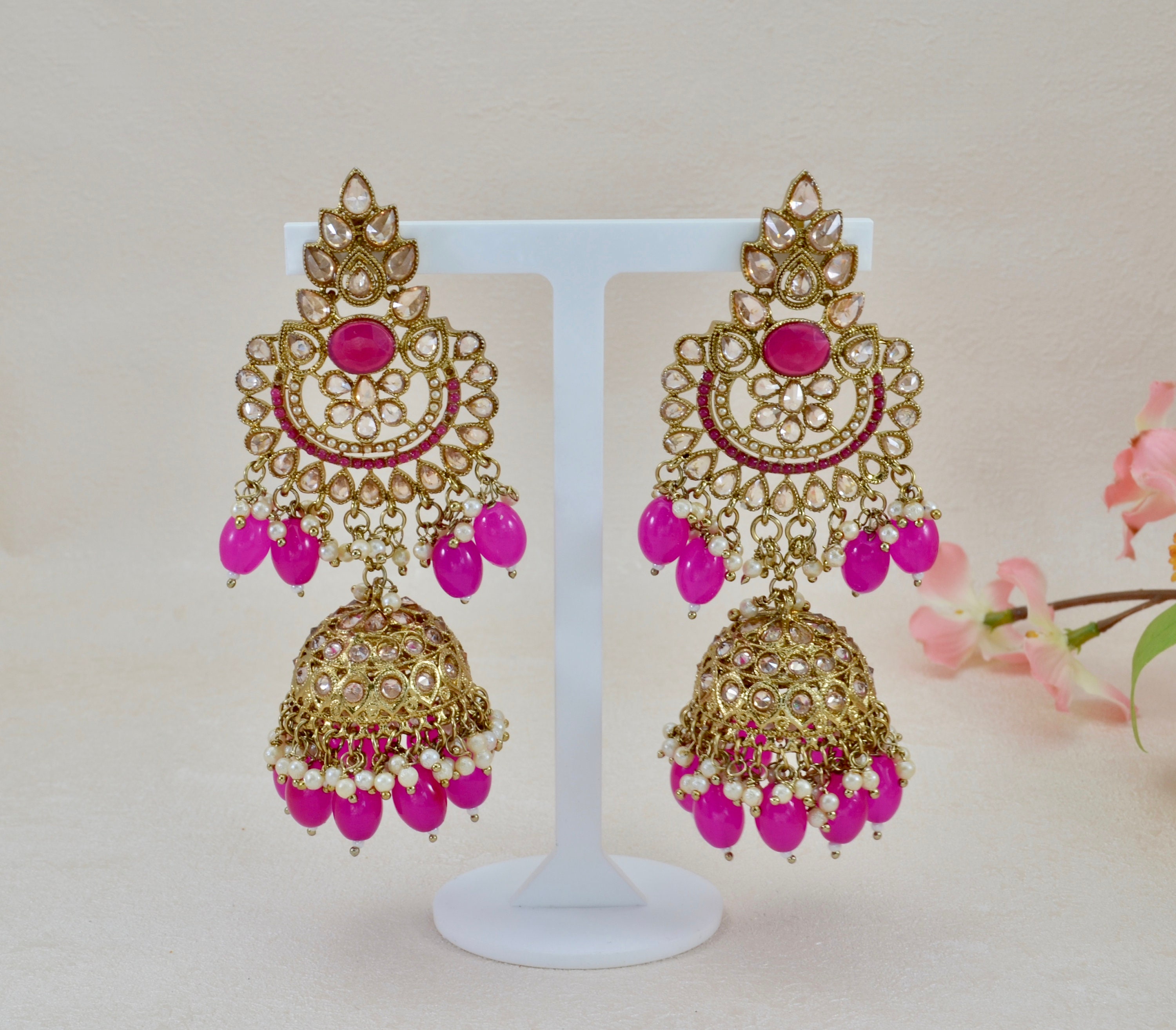 Hot Pink Jhumka Polki Reverse AD Jhumka Earrings Indian