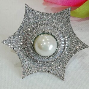 Silver and Pearl Ring  American Diamond CZ Adjustable statement Ring