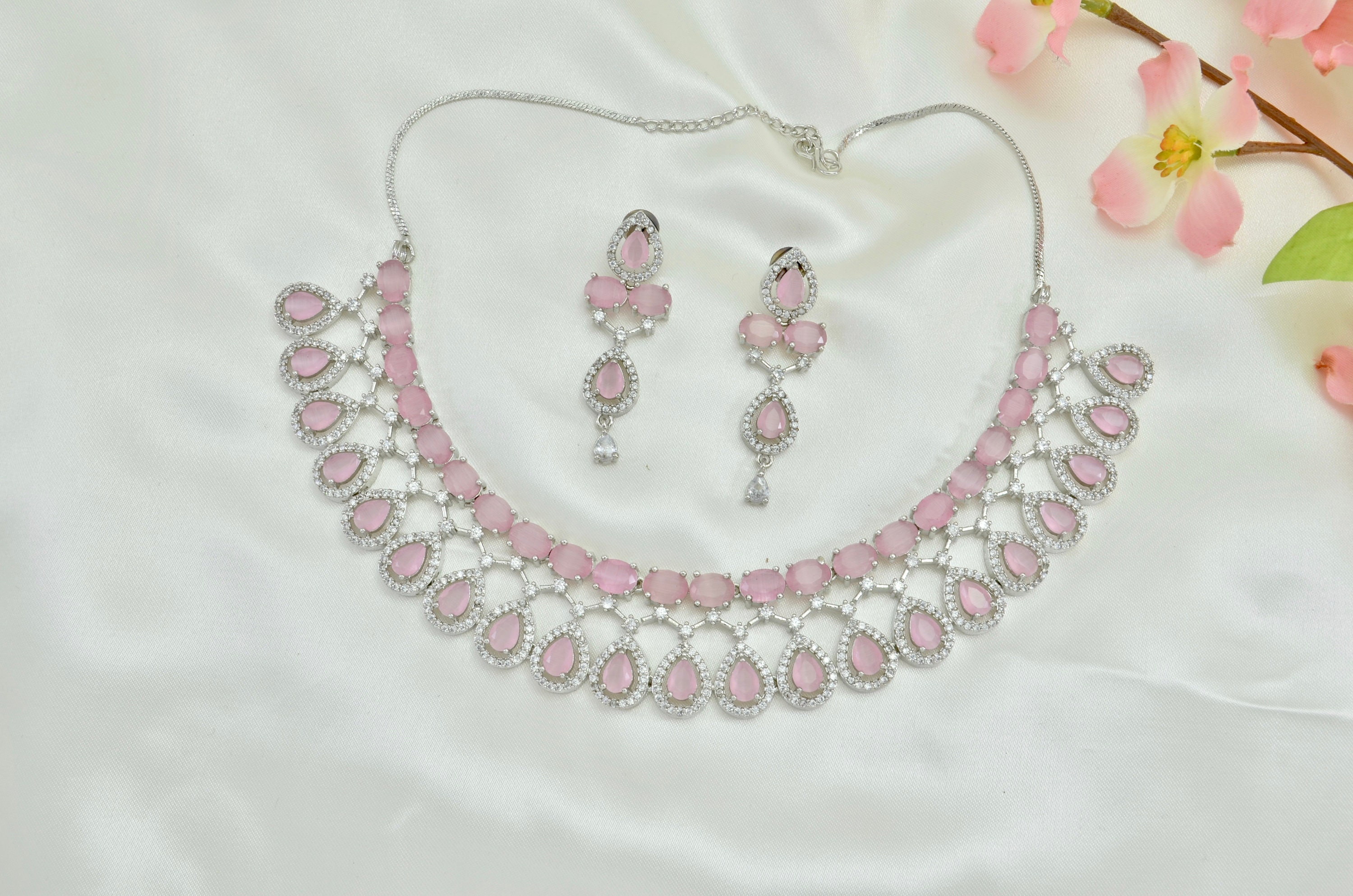 Pink And White American Diamond Necklace