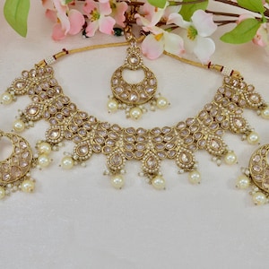 Gold Plated Reverse Ad Necklace set , Polki Necklace set with Tikka  , Indian jewelry , Indian necklace set
