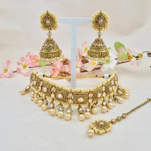 Polki Choker Necklace set with Jhumka /Necklace set with Tikka / Indian Jewellery/Pakistani Jewellery