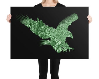 May include: A green silhouette of an eagle formed by a city skyline on a black background.