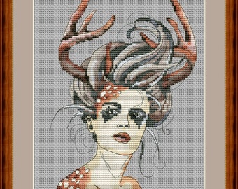 Surreal stag deer antlers girl cross stitch pdf pattern