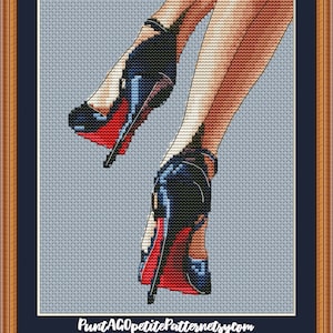 May include: A pair of high-heeled shoes with red soles and black straps. The shoes are on a light blue background.