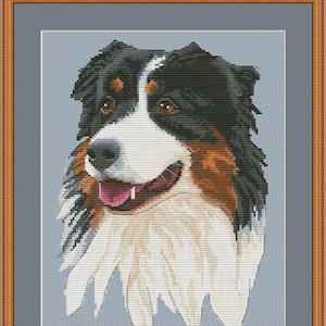 May include: Cross stitch pattern of an Australian Shepherd dog with black, brown, and white fur. The dog is looking to the left with its tongue sticking out. The pattern is on a blue background.