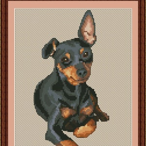May include: Cross-stitch image of a Miniature Pinscher dog in motion, with black and tan colouring. The text "Mini Pinscher Mom" is stitched in red below the dog. The artwork is framed in a brown wooden frame.