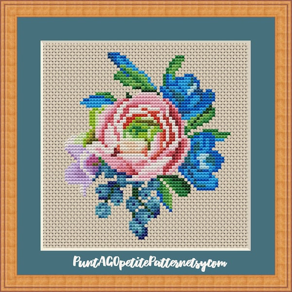 Rose ranunculus and blue gentian  cross stitch pdf pattern