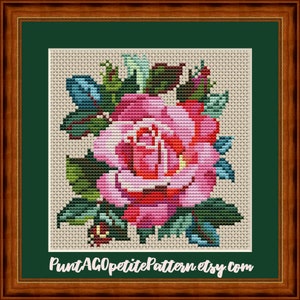 Watercolor petit point pink rose cross stitch pdf pattern