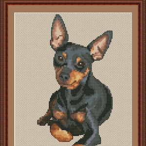 May include: Cross stitch pattern of a miniature pinscher dog sitting with its front paws crossed. The pattern is titled "Mini Pinscher Mom" and includes the website "PuntAGOpettiePatternsEtsy.com".