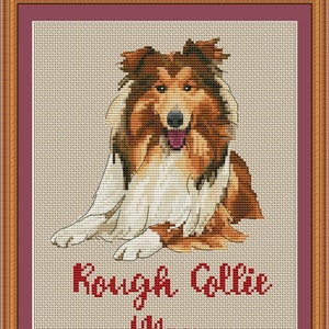Op de afbeelding: Kruissteekpatroon van een bruine en witte Rough Collie hond die zit met zijn tong naar buiten. De tekst "Rough Collie Mom" staat onder de hond.