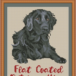 May include: Cross-stitch pattern of a black Flat Coated Retriever dog sitting with the text "Flat Coated Retriever Mom" and the website "PuntAGOpetitePatternsetsy.com" below.