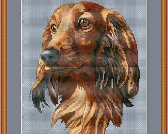 Longhaired dachshund portrait cross stitch pdf pattern