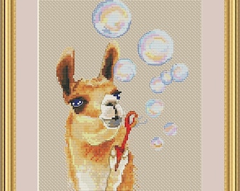 Soap bubbles llama cross stitch pdf pattern, Alpaca embroidery sample