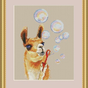Soap bubbles llama cross stitch pdf pattern, Alpaca embroidery sample