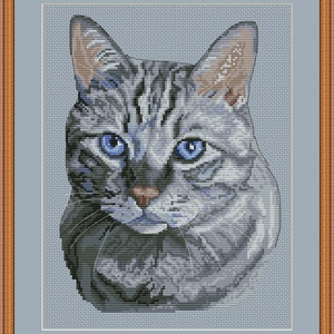 Puede incluir: Patrón de punto de cruz de un gato gris con ojos azules. El gato está mirando directamente al espectador. El patrón está sobre un fondo azul claro.