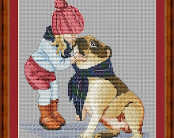 Girl And Bulldog Cross Stitch Pattern (Digital PDF Download)