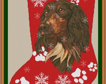 Longhaired dachshund Christmas stocking cross stitch pdf pattern