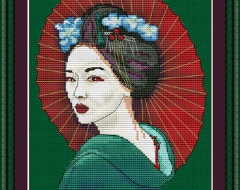 Geisha maiko with umbrella cross stitch pdf pattern