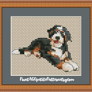 Könnte beinhalten: Kreuzstich-Kunstwerk eines Berner Sennenhund-Welpen, gerahmt in einem braunen Holzrahmen. Der Hund ist in Schwarz, Weiß und Braun dargestellt und liegt auf einem beigen Hintergrund. Das Kunstwerk ist ein detailliertes, pixeliges Bild des Hundes.