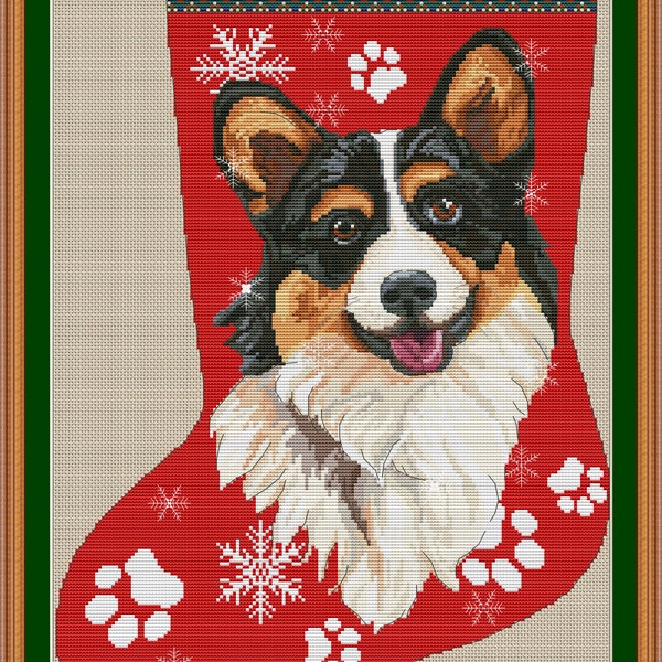 Tri colored corgi christmas stocking cross stitch pdf pattern