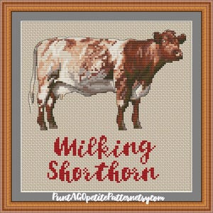 May include: Cross-stitch pattern of a Shorthorn cow in shades of brown, white, and tan, framed in a wooden frame. The text "Milking Shorthorn" is in red script below the cow. The Etsy shop name is at the bottom.