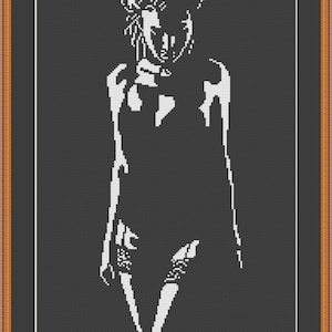 Peut inclure: Un motif de point de croix noir et blanc encadré d'une personne en lingerie. L'image est une silhouette avec des points blancs sur un fond sombre. Le texte "PuntAGOpettitePattern" est en bas.