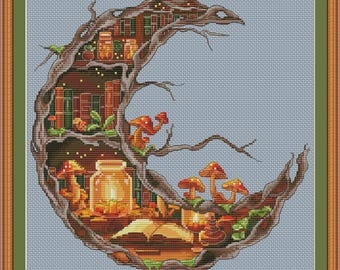 Fairy Tale Tree Library Cross Stitch Pattern, Whimsical Moon Bookshelf Needlepoint (PDF Download)